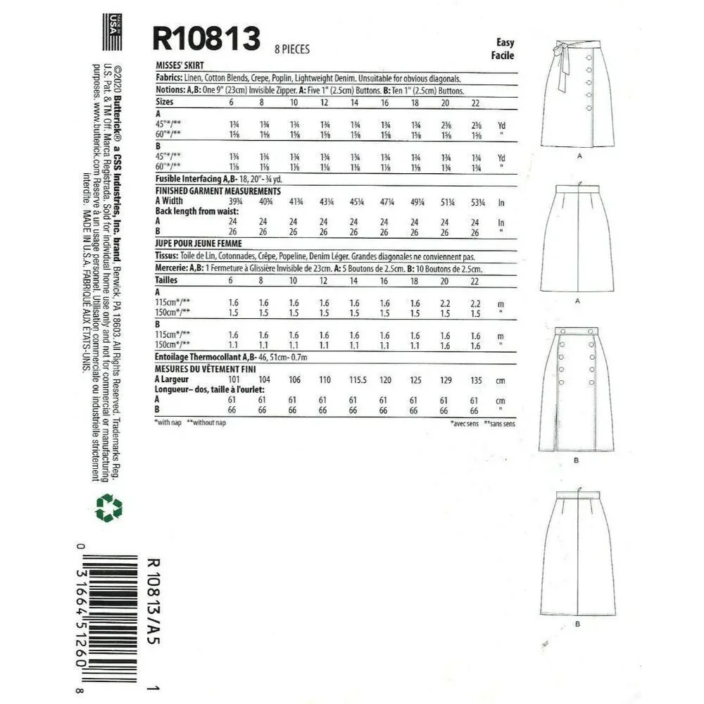 Butterick Sewing‎ Pattern 10813 Misses Skirt Size 14-22